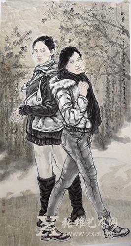 庄红伟人物画作品《姐妹》198x97cm
